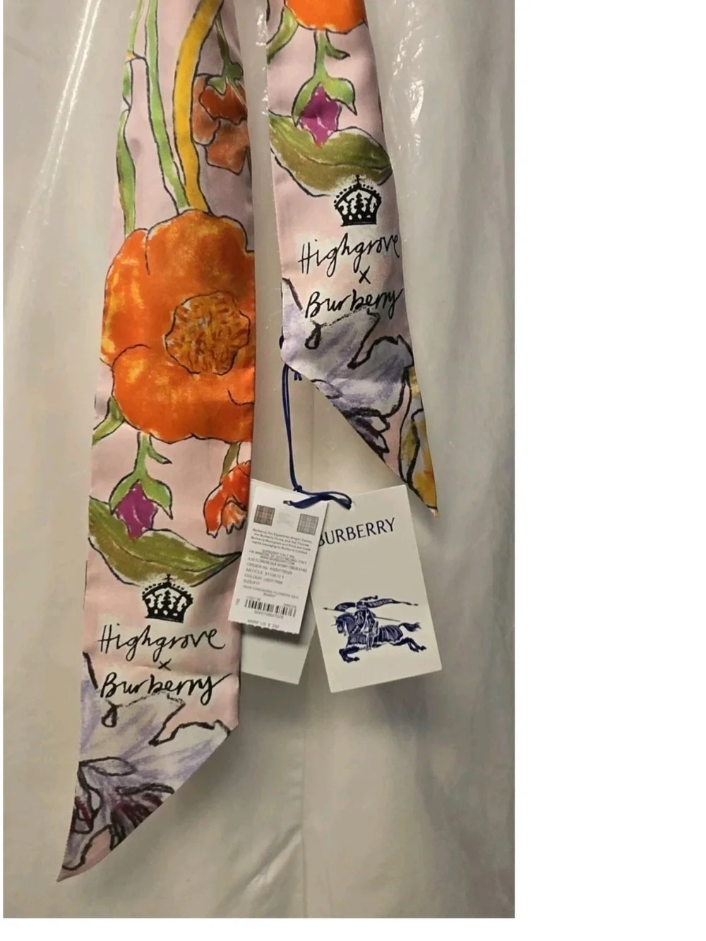 Burberry Skinny Silk Cascading Flowers Scarf Light Pink NWT